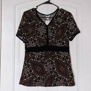 Christopher & Banks Blouse Brown Printed Workwear M V Neck Top‎ Career Button